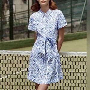 EUC Hill House Laura 100% Linen Print Belted Shirtdress Blue Small